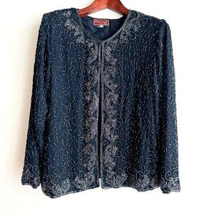 Vintage Navy Blue Fully Beaded Cocktail Red Carpet Jacket L